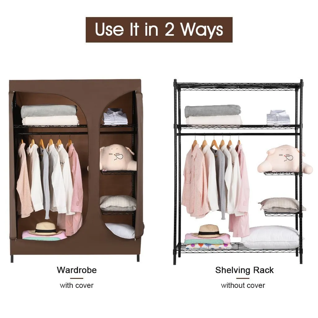 LANGRIA Heavy Duty Wire Shelving Garment Rack Clothes Rack, Portable Clothes Closet Wardrobe,Compact Zip Closet, Extra Large Wardrobe Storage Rack/Organizer, Hanging Rod,Capacity 420 lbs, Dark Brown