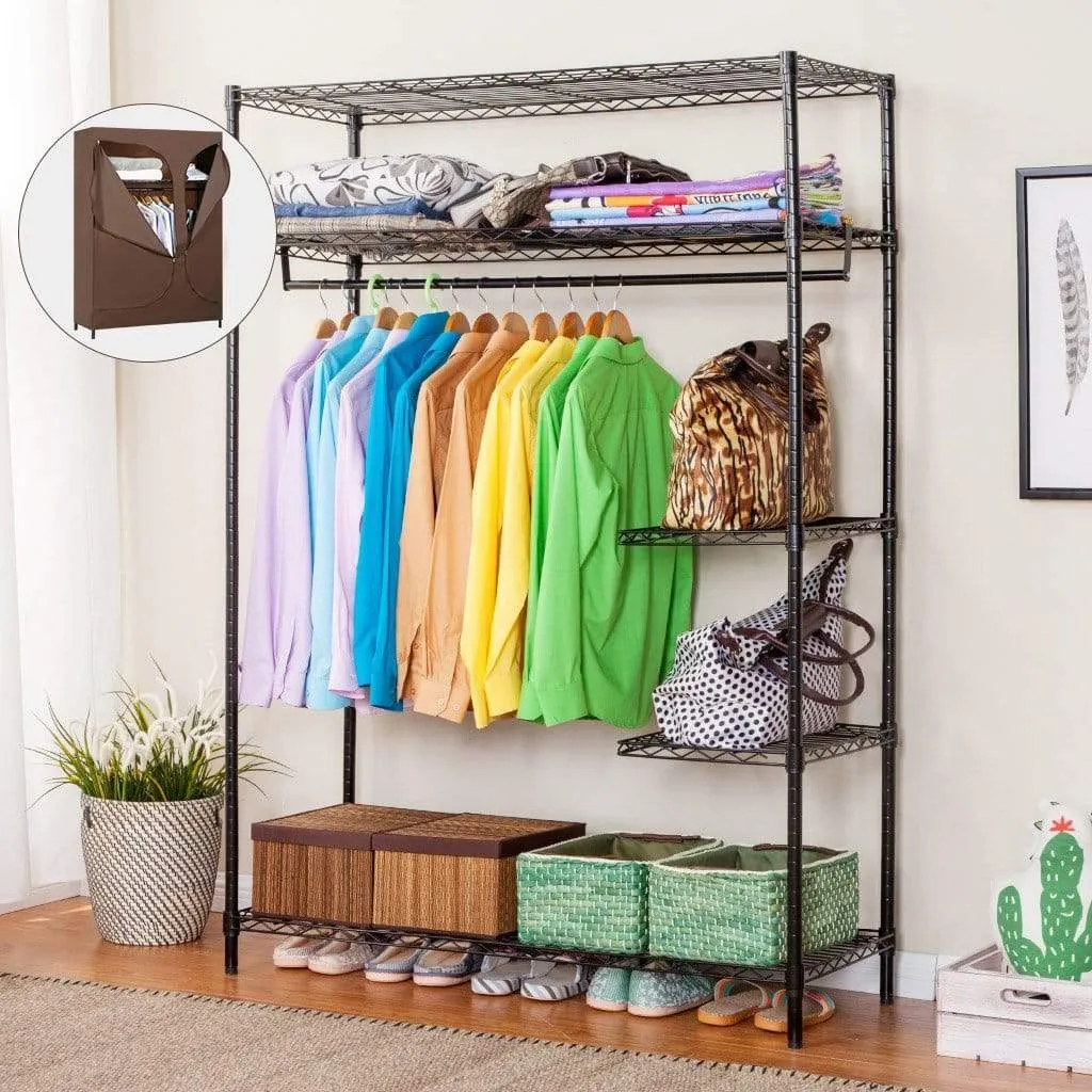 LANGRIA Heavy Duty Wire Shelving Garment Rack Clothes Rack, Portable Clothes Closet Wardrobe,Compact Zip Closet, Extra Large Wardrobe Storage Rack/Organizer, Hanging Rod,Capacity 420 lbs, Dark Brown