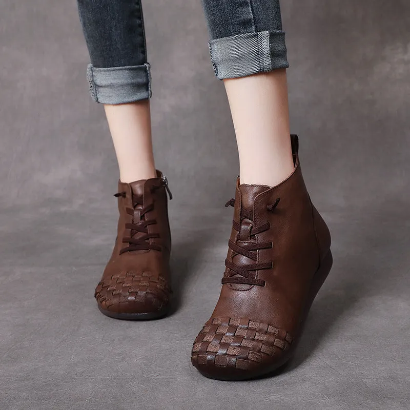 Leather Hand-woven Flat Women's Boots Comfortable Soft-soled Women's Shoes
