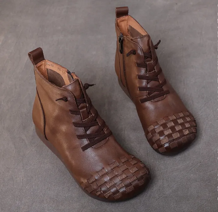 Leather Hand-woven Flat Women's Boots Comfortable Soft-soled Women's Shoes