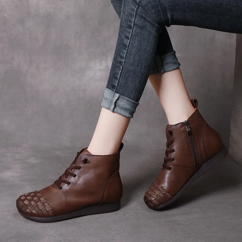 Leather Hand-woven Flat Women's Boots Comfortable Soft-soled Women's Shoes