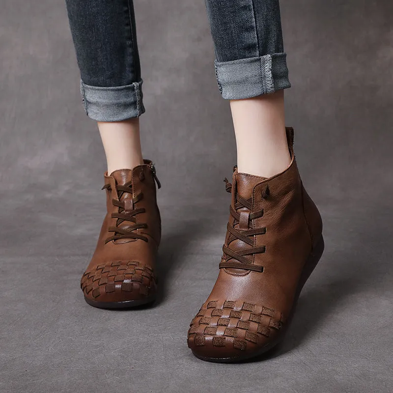 Leather Hand-woven Flat Women's Boots Comfortable Soft-soled Women's Shoes