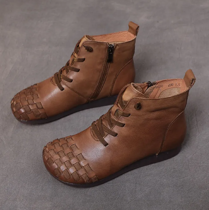 Leather Hand-woven Flat Women's Boots Comfortable Soft-soled Women's Shoes
