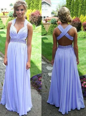 Lilac Long Chiffon Prom Evening Dress Criss Cross Back Sexy Backless Prom Evening Dress Inexpensive