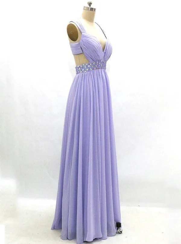 Lilac Long Chiffon Prom Evening Dress Criss Cross Back Sexy Backless Prom Evening Dress Inexpensive