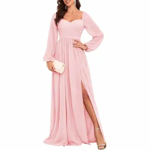 Long Sleeve Bridesmaid Dresses Long Pleated Chiffon Formal Evening Dresses with Slit