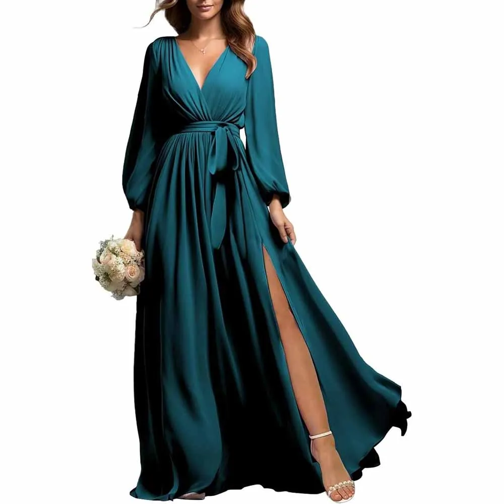 Long Sleeve Chiffon Bridesmaid Dresses Lace-Up Prom Dress V-Neck Pleated Wedding Party Gown