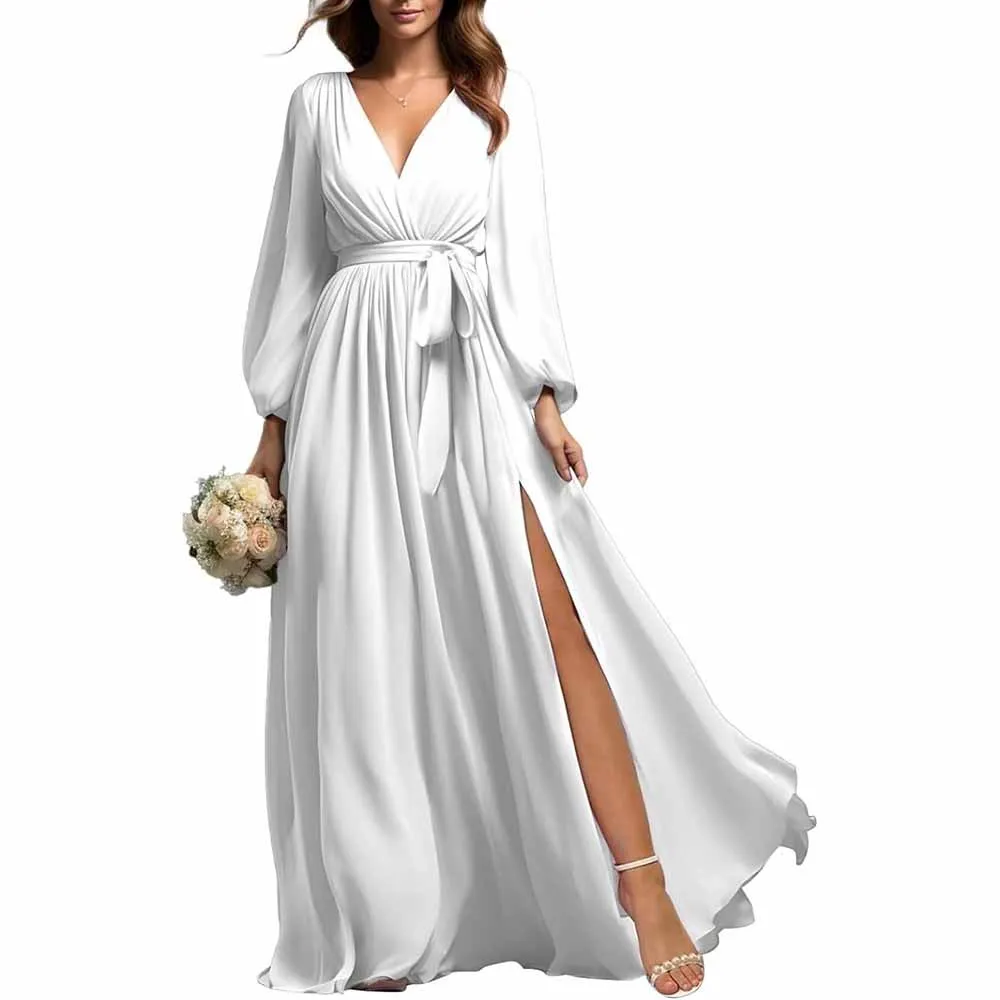 Long Sleeve Chiffon Bridesmaid Dresses Lace-Up Prom Dress V-Neck Pleated Wedding Party Gown