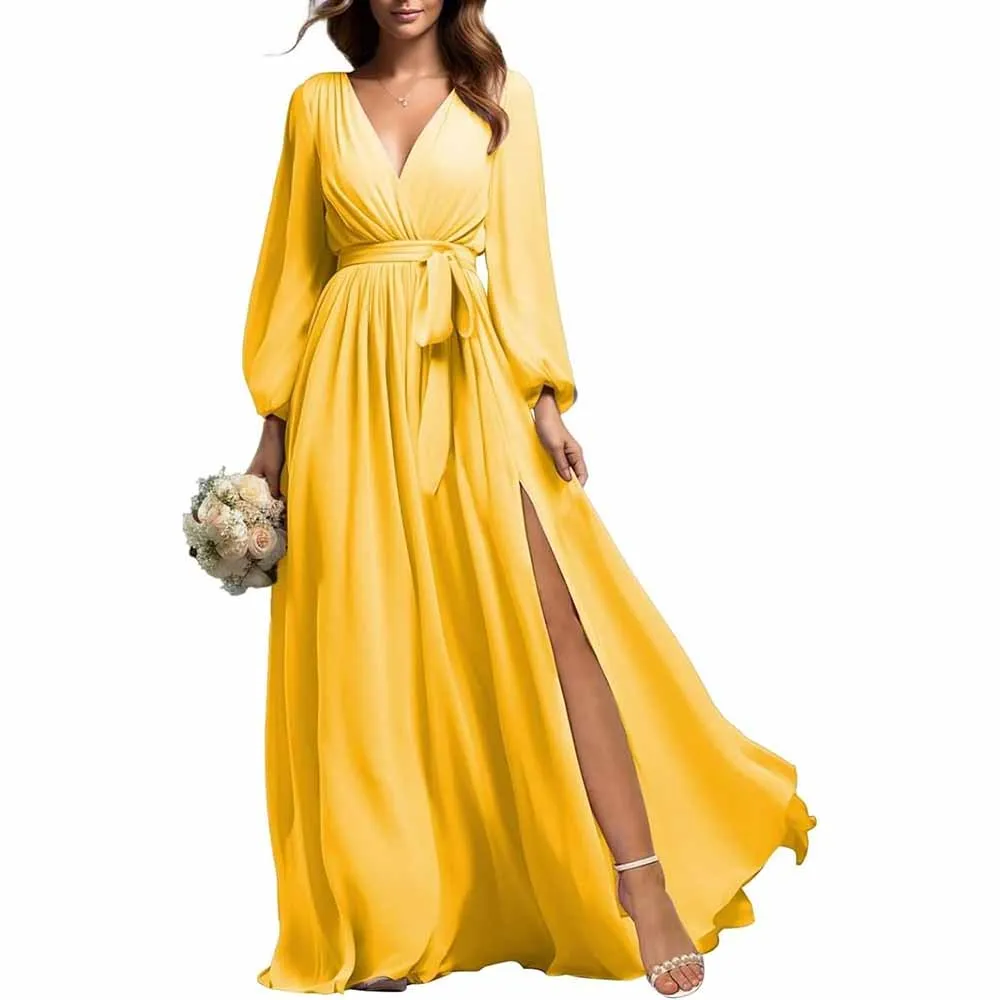 Long Sleeve Chiffon Bridesmaid Dresses Lace-Up Prom Dress V-Neck Pleated Wedding Party Gown