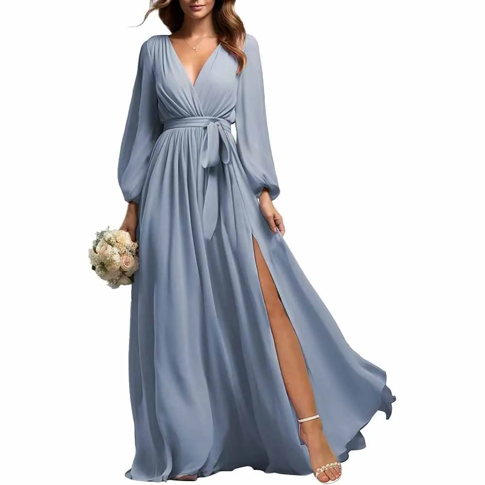 Long Sleeve Chiffon Bridesmaid Dresses Lace-Up Prom Dress V-Neck Pleated Wedding Party Gown