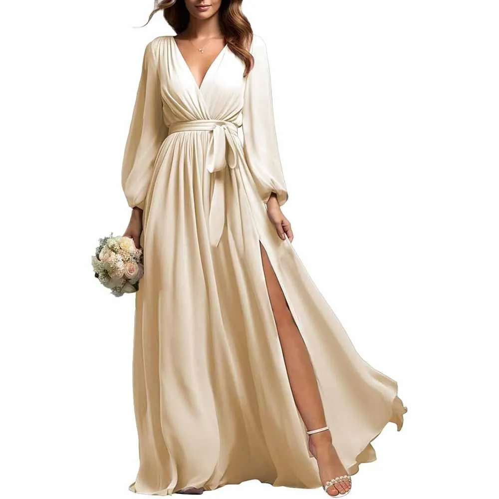 Long Sleeve Chiffon Bridesmaid Dresses Lace-Up Prom Dress V-Neck Pleated Wedding Party Gown
