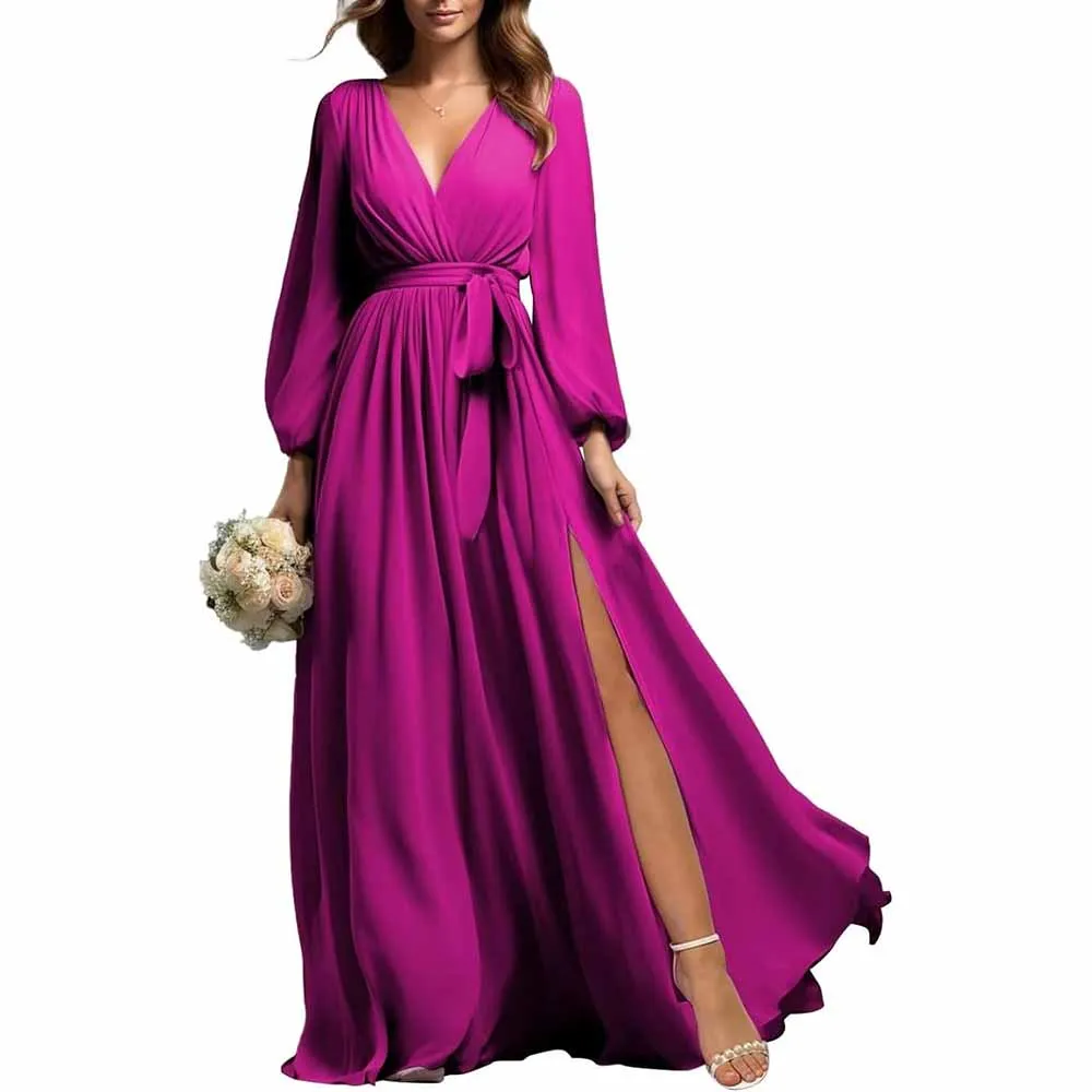 Long Sleeve Chiffon Bridesmaid Dresses Lace-Up Prom Dress V-Neck Pleated Wedding Party Gown