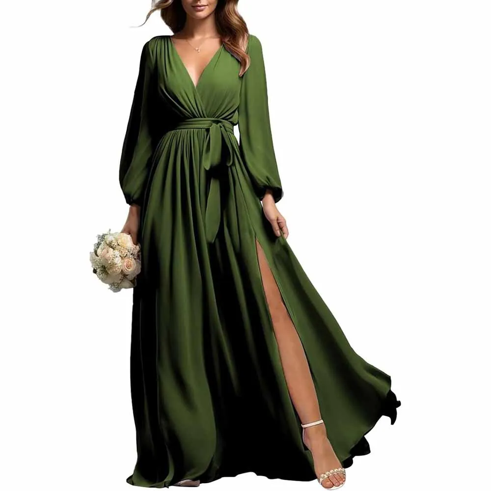 Long Sleeve Chiffon Bridesmaid Dresses Lace-Up Prom Dress V-Neck Pleated Wedding Party Gown