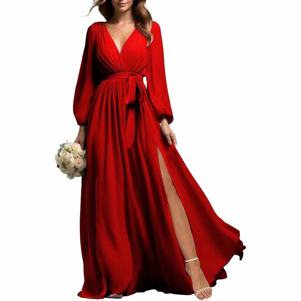 Long Sleeve Chiffon Bridesmaid Dresses Lace-Up Prom Dress V-Neck Pleated Wedding Party Gown