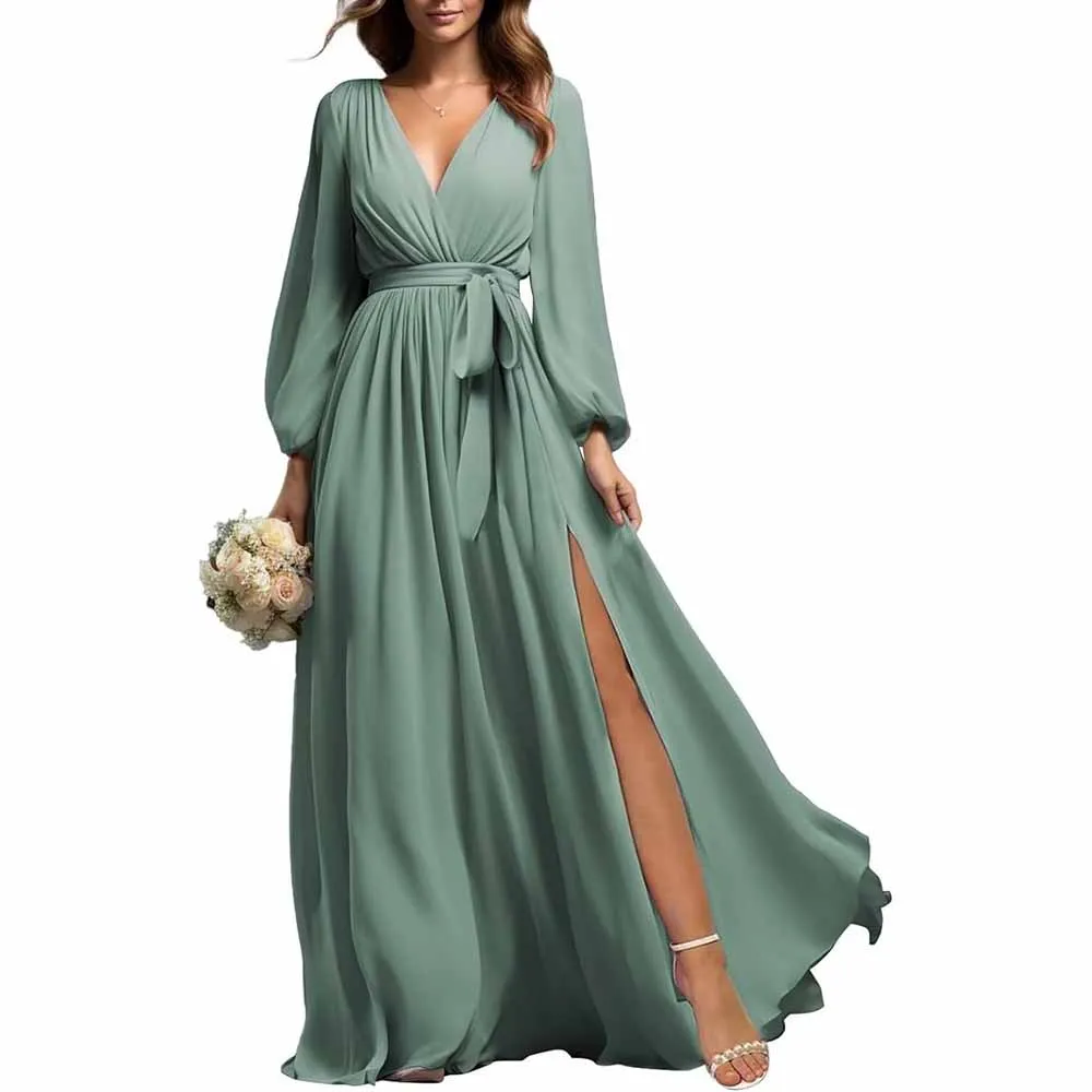 Long Sleeve Chiffon Bridesmaid Dresses Lace-Up Prom Dress V-Neck Pleated Wedding Party Gown