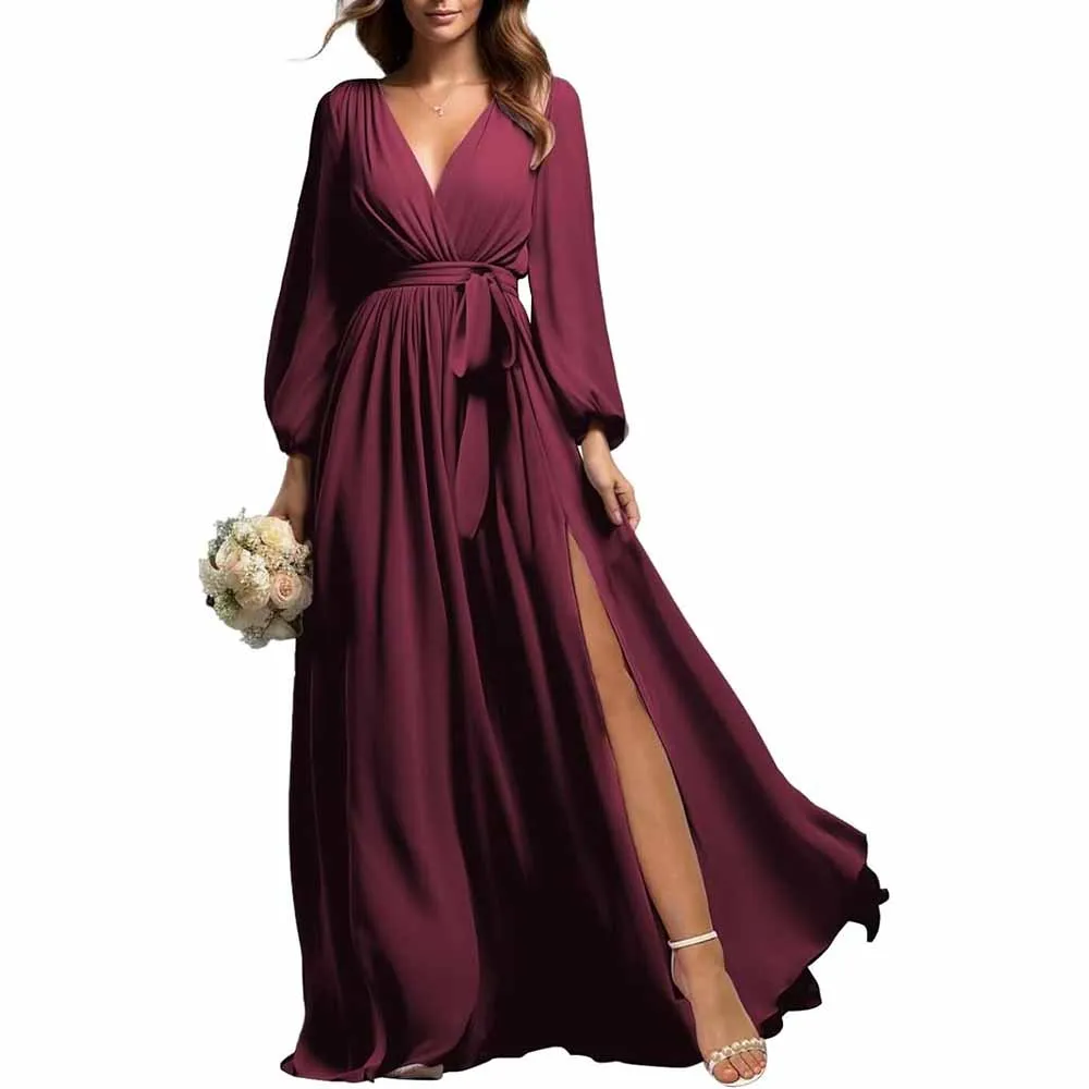 Long Sleeve Chiffon Bridesmaid Dresses Lace-Up Prom Dress V-Neck Pleated Wedding Party Gown