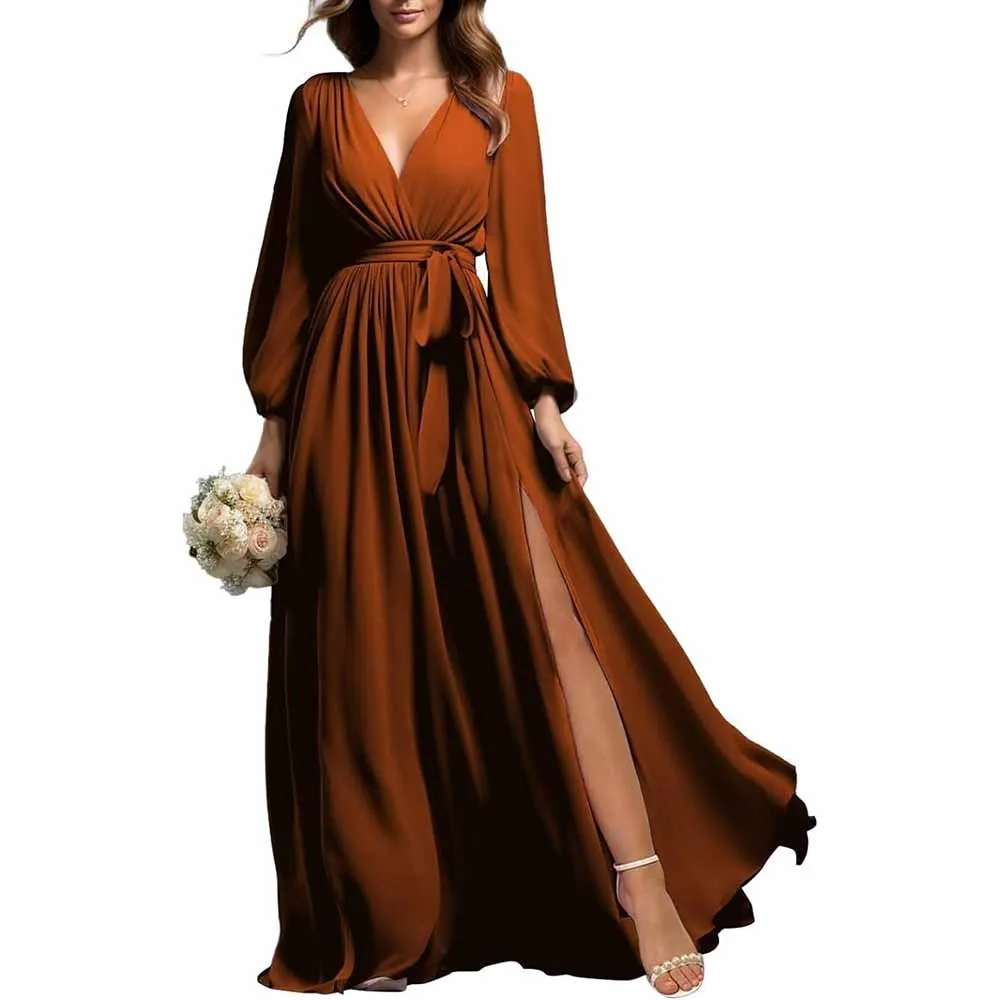 Long Sleeve Chiffon Bridesmaid Dresses Lace-Up Prom Dress V-Neck Pleated Wedding Party Gown