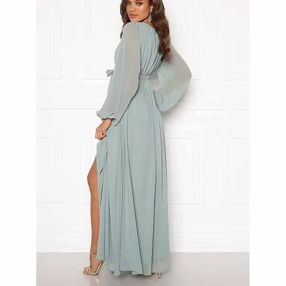 Long Sleeve Chiffon Bridesmaid Dresses Lace-Up Prom Dress V-Neck Pleated Wedding Party Gown
