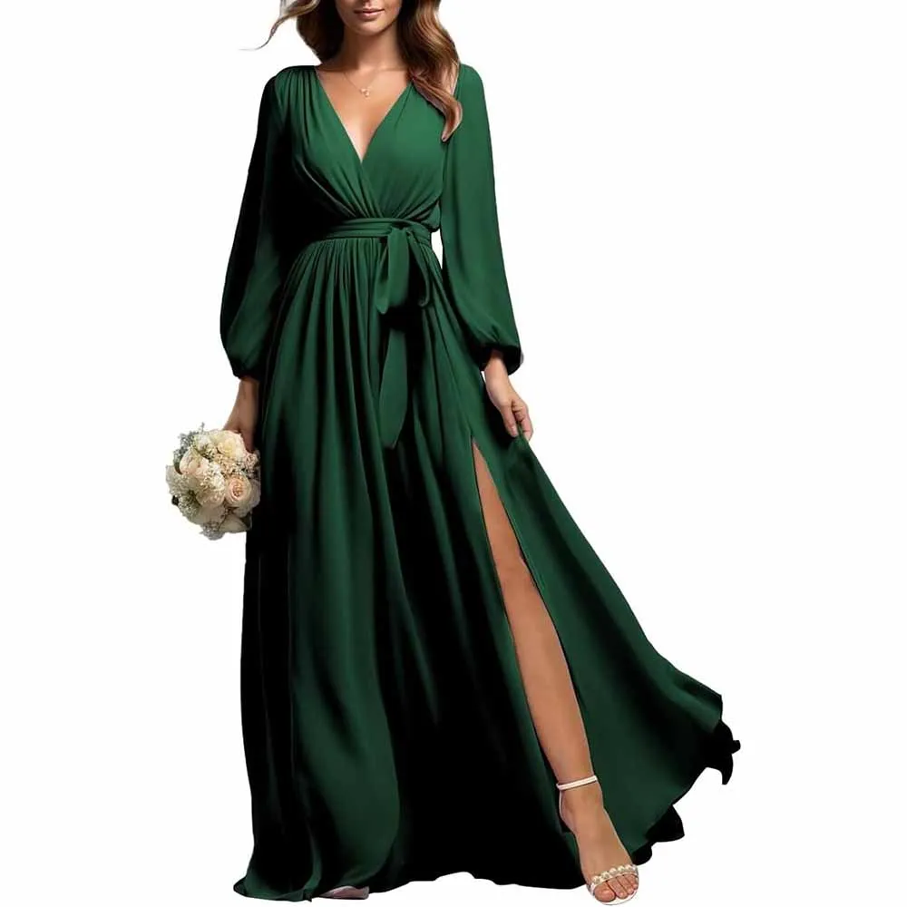 Long Sleeve Chiffon Bridesmaid Dresses Lace-Up Prom Dress V-Neck Pleated Wedding Party Gown