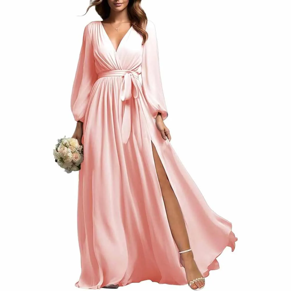 Long Sleeve Chiffon Bridesmaid Dresses Lace-Up Prom Dress V-Neck Pleated Wedding Party Gown