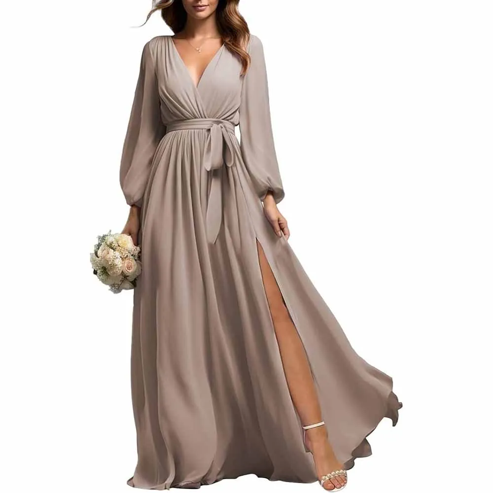 Long Sleeve Chiffon Bridesmaid Dresses Lace-Up Prom Dress V-Neck Pleated Wedding Party Gown