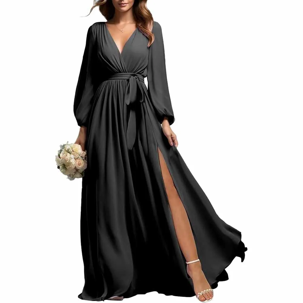 Long Sleeve Chiffon Bridesmaid Dresses Lace-Up Prom Dress V-Neck Pleated Wedding Party Gown