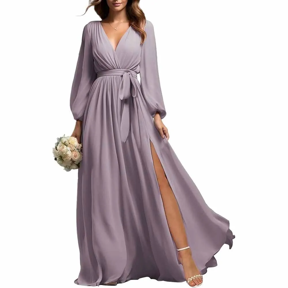 Long Sleeve Chiffon Bridesmaid Dresses Lace-Up Prom Dress V-Neck Pleated Wedding Party Gown