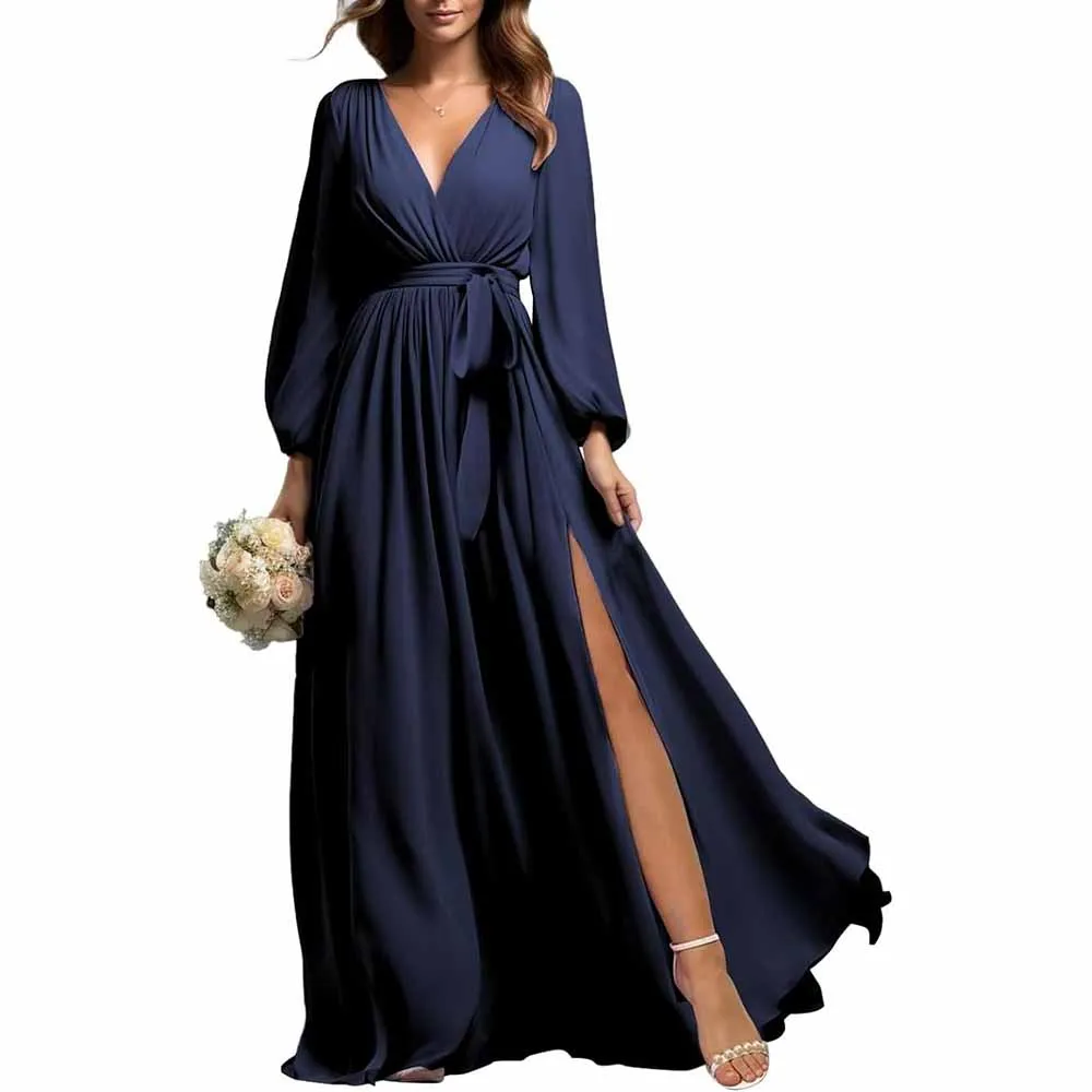 Long Sleeve Chiffon Bridesmaid Dresses Lace-Up Prom Dress V-Neck Pleated Wedding Party Gown