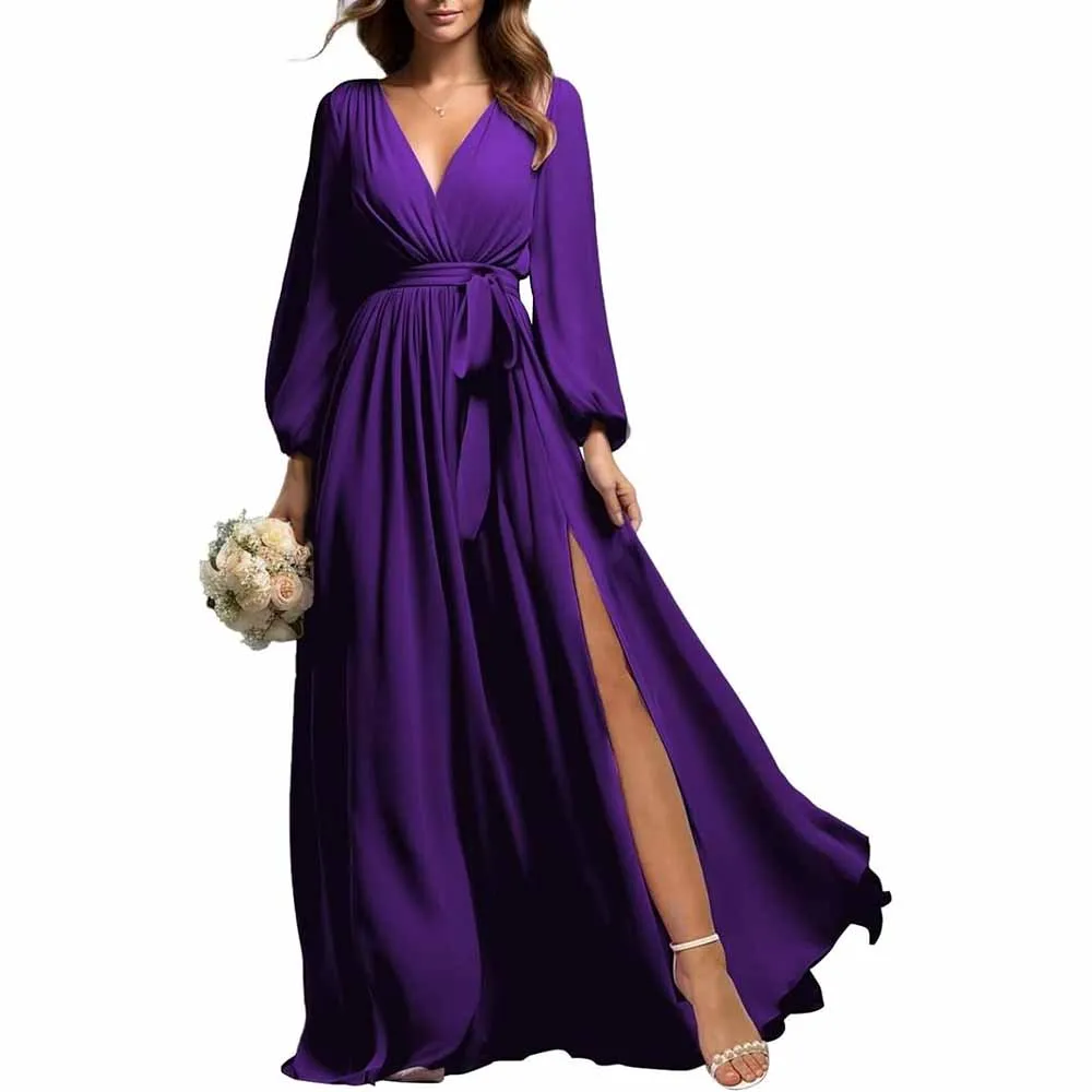 Long Sleeve Chiffon Bridesmaid Dresses Lace-Up Prom Dress V-Neck Pleated Wedding Party Gown