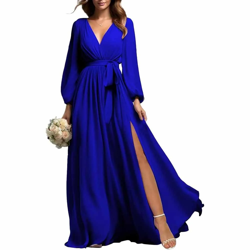 Long Sleeve Chiffon Bridesmaid Dresses Lace-Up Prom Dress V-Neck Pleated Wedding Party Gown