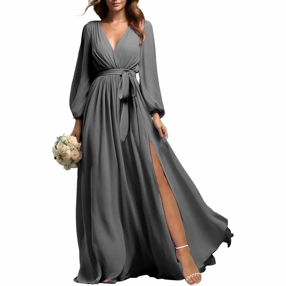 Long Sleeve Chiffon Bridesmaid Dresses Lace-Up Prom Dress V-Neck Pleated Wedding Party Gown