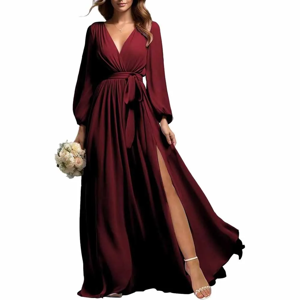 Long Sleeve Chiffon Bridesmaid Dresses Lace-Up Prom Dress V-Neck Pleated Wedding Party Gown