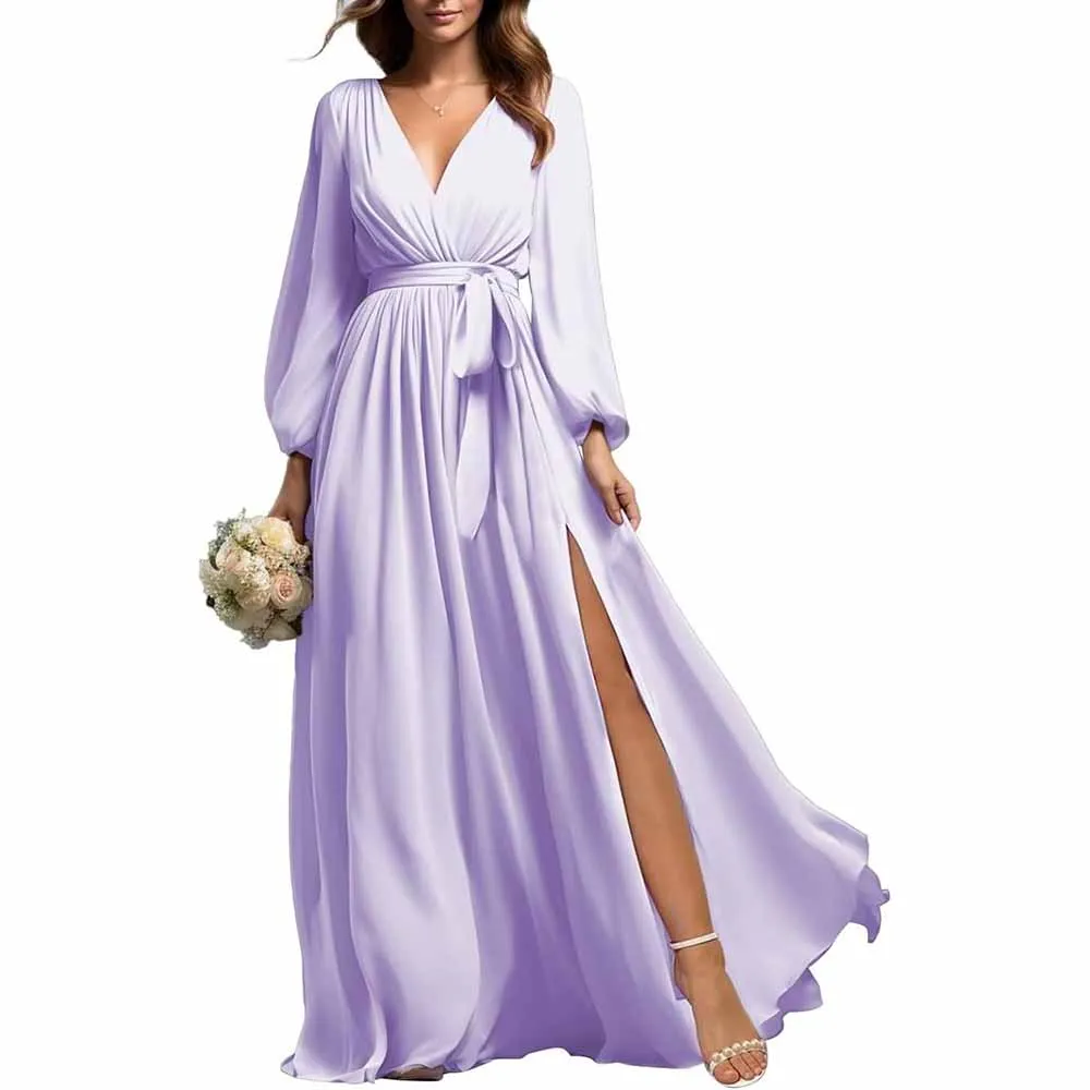 Long Sleeve Chiffon Bridesmaid Dresses Lace-Up Prom Dress V-Neck Pleated Wedding Party Gown