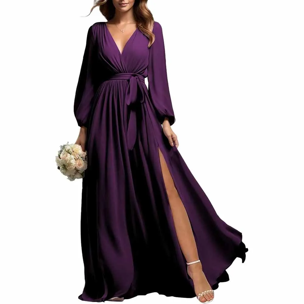 Long Sleeve Chiffon Bridesmaid Dresses Lace-Up Prom Dress V-Neck Pleated Wedding Party Gown