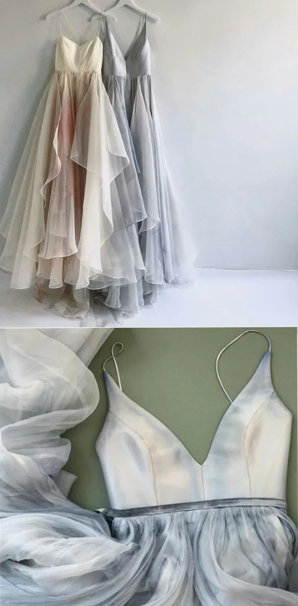 Long Spaghetti Strap A-line V-neck Tulle Cheap Party Prom Dresses, PD0232