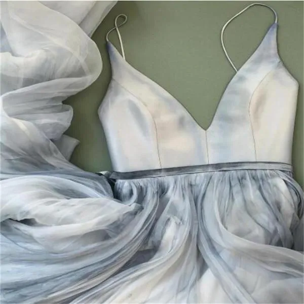 Long Spaghetti Strap A-line V-neck Tulle Cheap Party Prom Dresses, PD0232