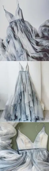 Long Spaghetti Strap A-line V-neck Tulle Cheap Party Prom Dresses, PD0232