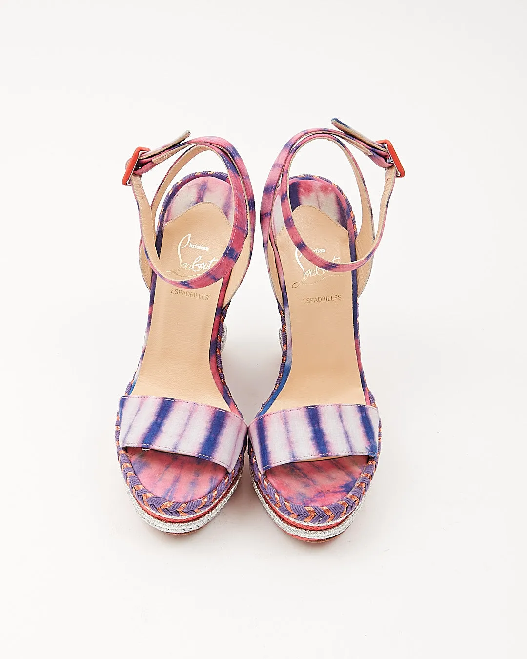 Louboutin Coral/Purple/Silver Duplice 140 Bazin Wedges - 35