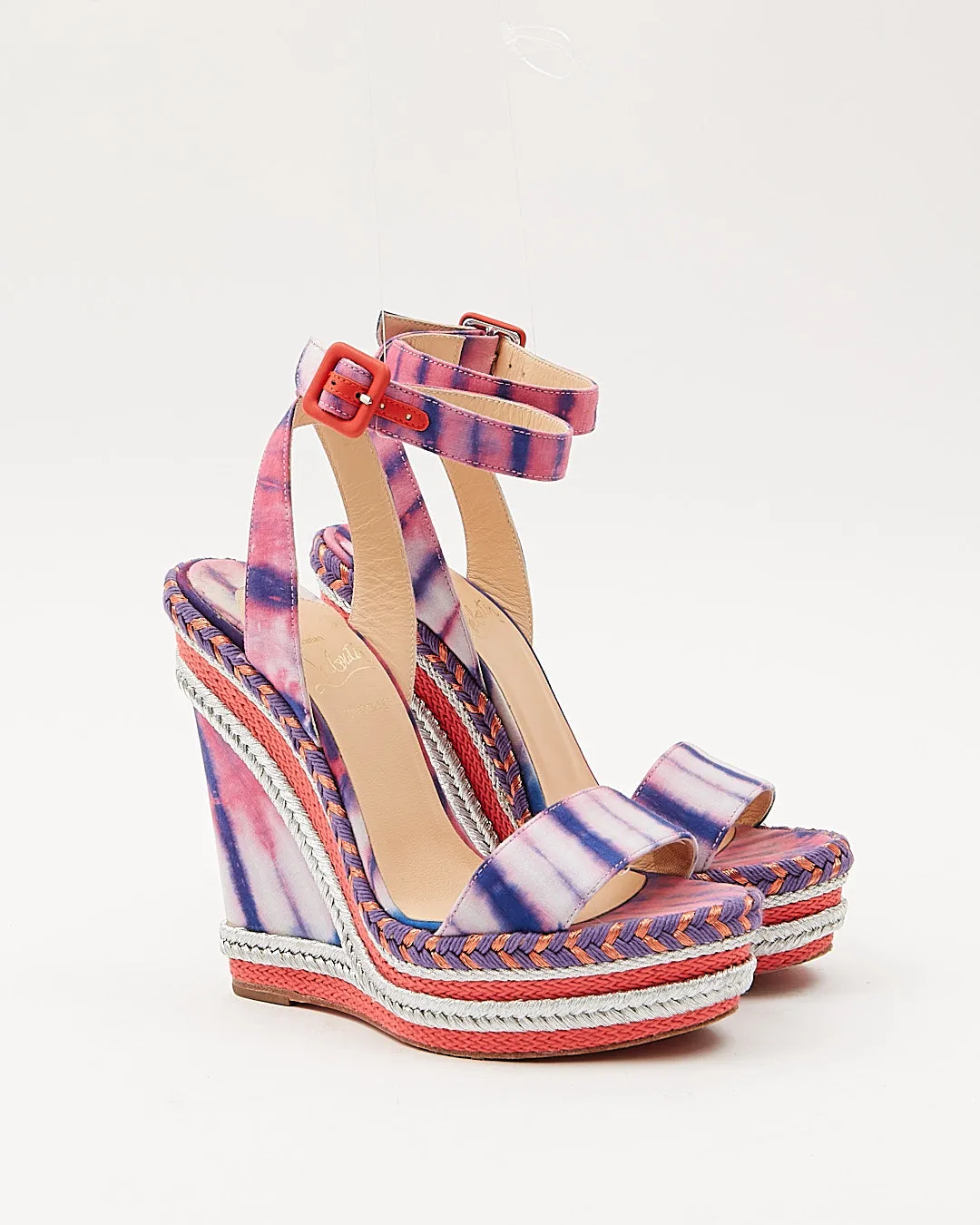 Louboutin Coral/Purple/Silver Duplice 140 Bazin Wedges - 35
