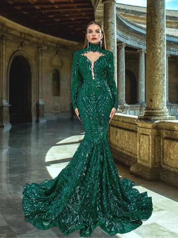 Luxurious Emerald High-neck Long Sleeves Sequin Lace Mermaid Long Prom Dress, PD3574