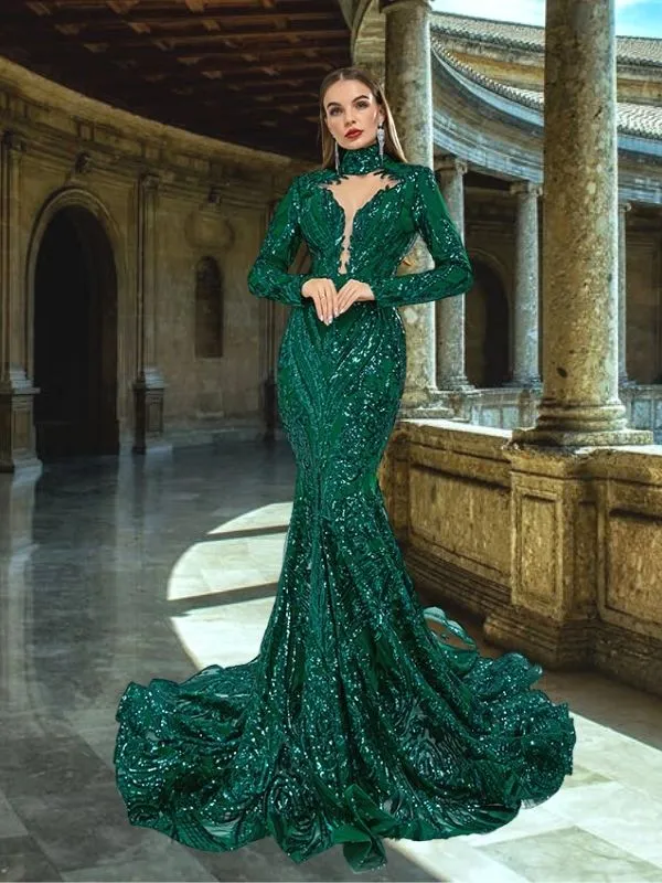 Luxurious Emerald High-neck Long Sleeves Sequin Lace Mermaid Long Prom Dress, PD3574