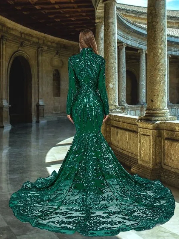 Luxurious Emerald High-neck Long Sleeves Sequin Lace Mermaid Long Prom Dress, PD3574
