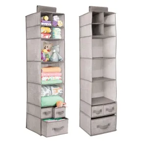 mDesign Soft Fabric Over Closet Rod Hanging Storage Organizer with 7 Shelves and 3 Removable Drawers for Child/Kids Room or Nursery - Textured Print - 2 Pack - Linen/Tan