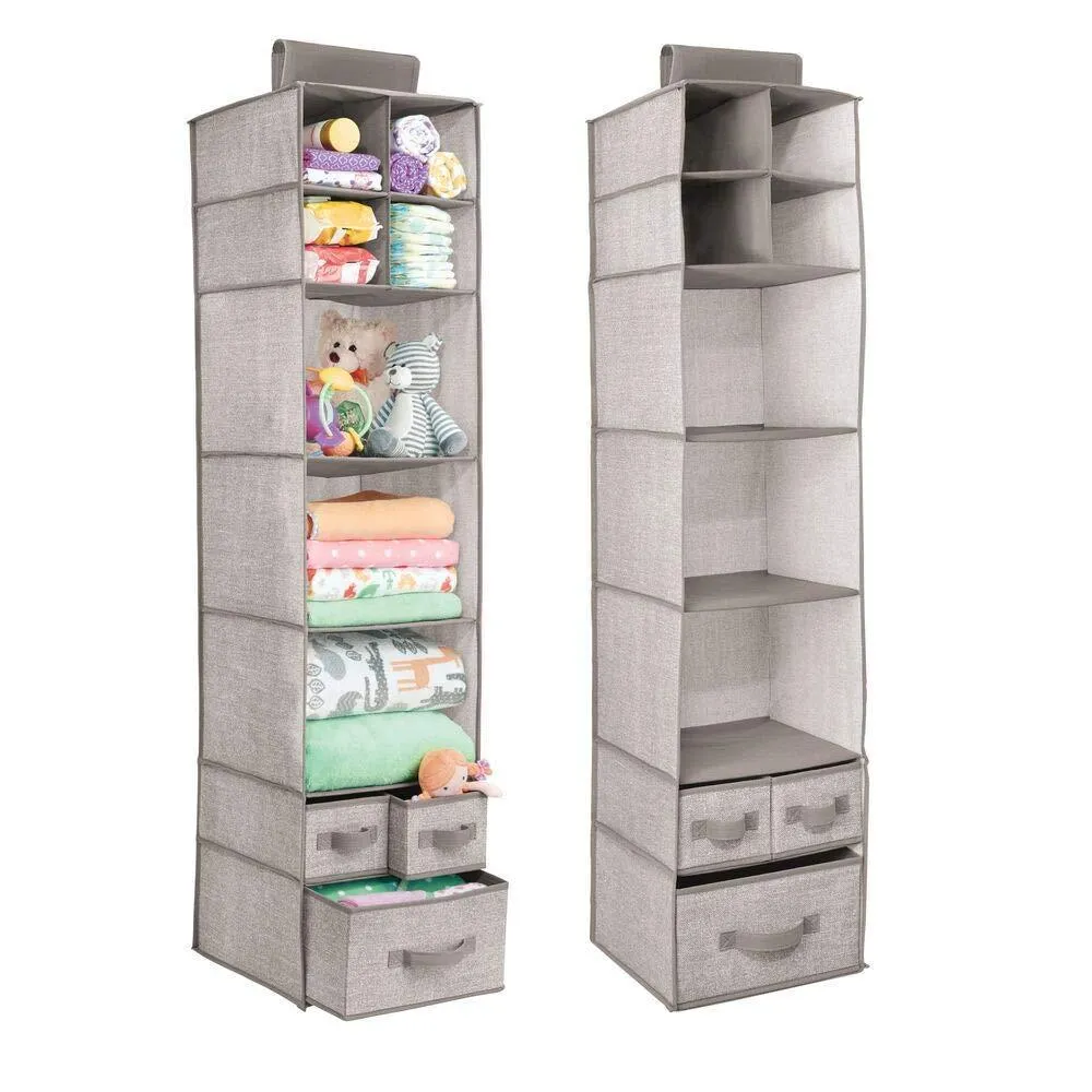 mDesign Soft Fabric Over Closet Rod Hanging Storage Organizer with 7 Shelves and 3 Removable Drawers for Child/Kids Room or Nursery - Textured Print - 2 Pack - Linen/Tan