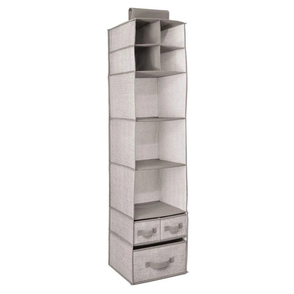 mDesign Soft Fabric Over Closet Rod Hanging Storage Organizer with 7 Shelves and 3 Removable Drawers for Child/Kids Room or Nursery - Textured Print - 2 Pack - Linen/Tan