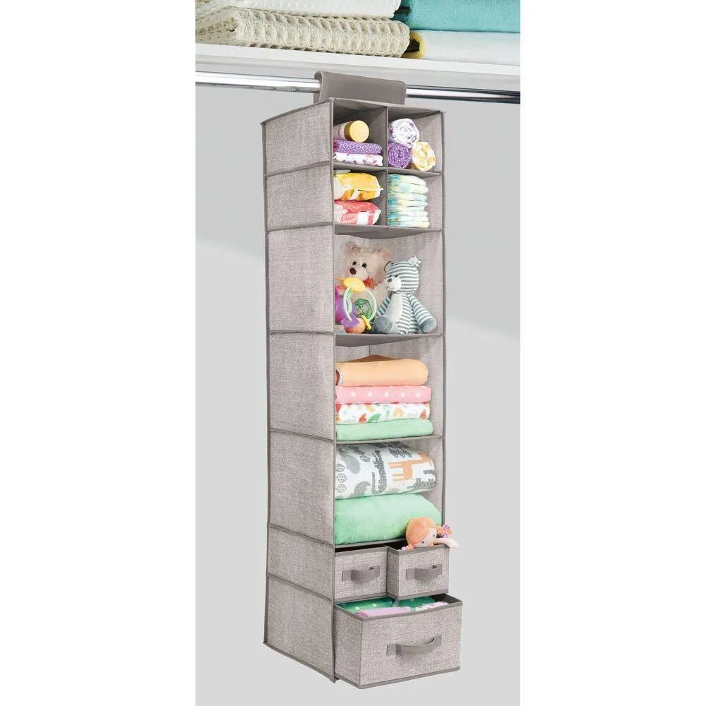 mDesign Soft Fabric Over Closet Rod Hanging Storage Organizer with 7 Shelves and 3 Removable Drawers for Child/Kids Room or Nursery - Textured Print - 2 Pack - Linen/Tan