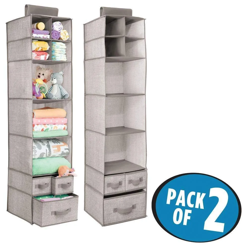 mDesign Soft Fabric Over Closet Rod Hanging Storage Organizer with 7 Shelves and 3 Removable Drawers for Child/Kids Room or Nursery - Textured Print - 2 Pack - Linen/Tan