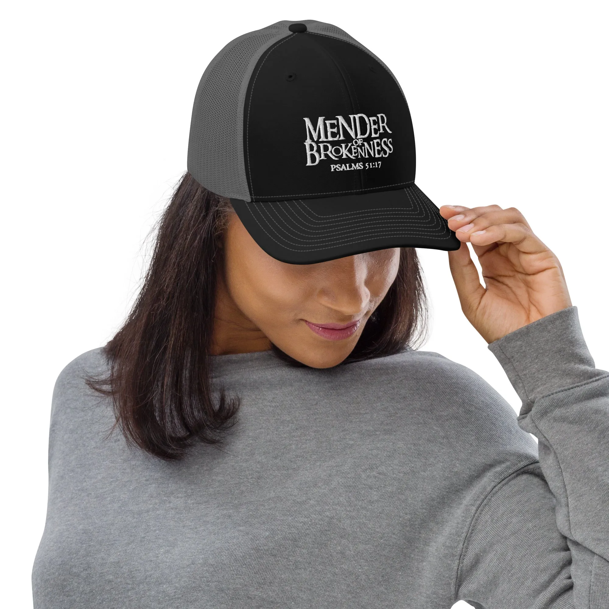 Mender of Brokenness - Embroidered Unisex Adjustable Snapback Trucker Hat - White Text
