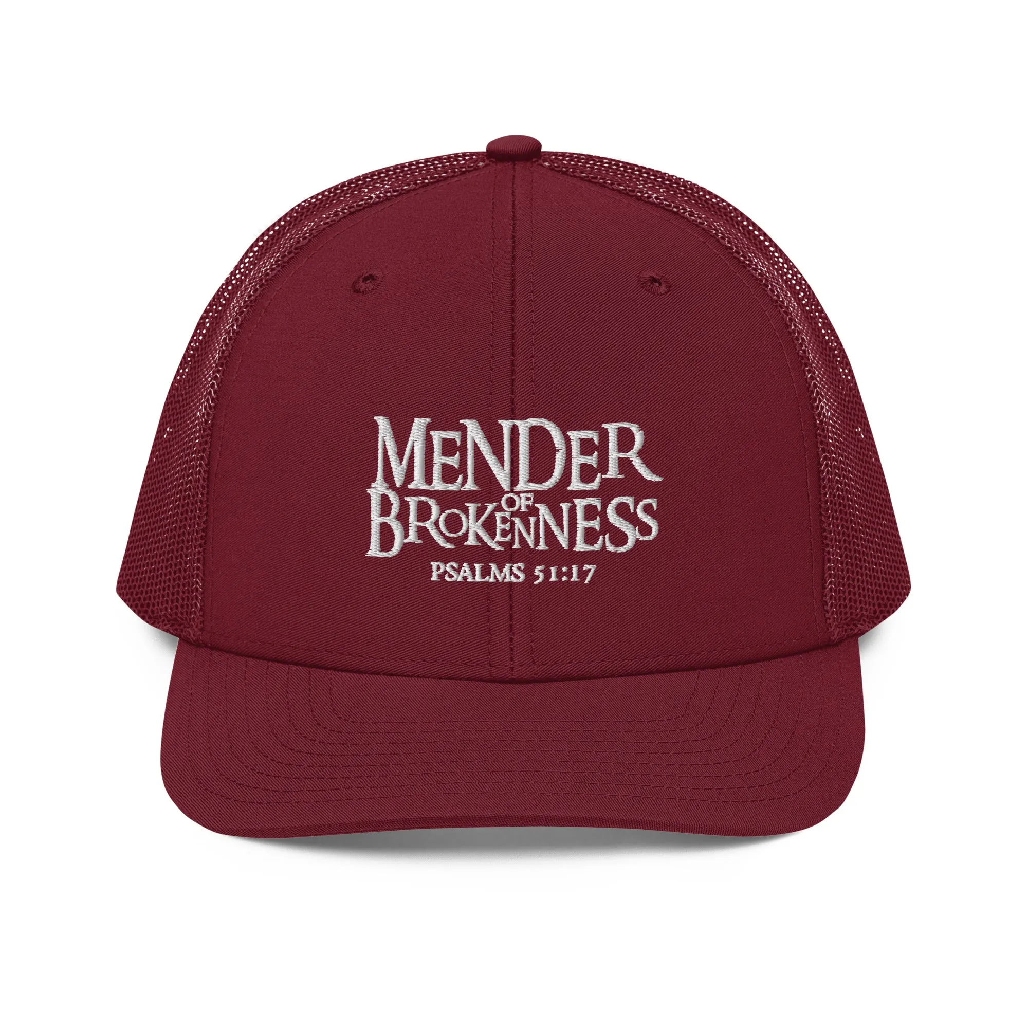Mender of Brokenness - Embroidered Unisex Adjustable Snapback Trucker Hat - White Text