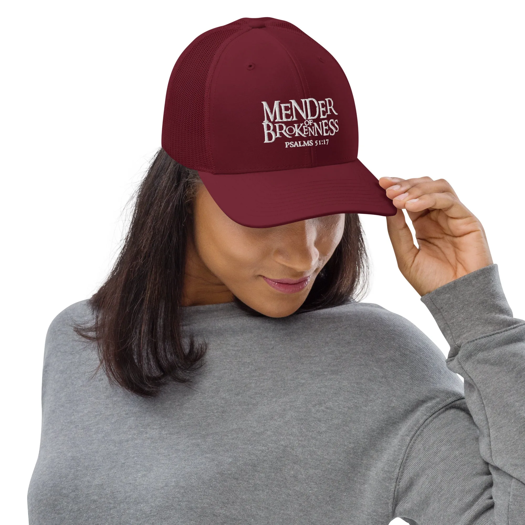 Mender of Brokenness - Embroidered Unisex Adjustable Snapback Trucker Hat - White Text